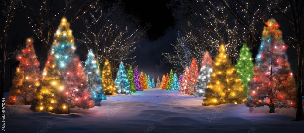 Obraz premium Vibrant illuminated Christmas trees creating a festive winter wonderland scene with colorful lights and a snowy landscape at night