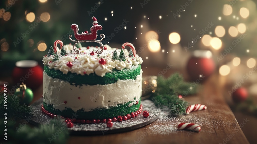 A festive Christmas cake decorated with candy canes and a sleigh, set in a cozy holiday scene. A festive Christmas cake decorated with candy canes and a sleigh, set in a cozy holiday scene.