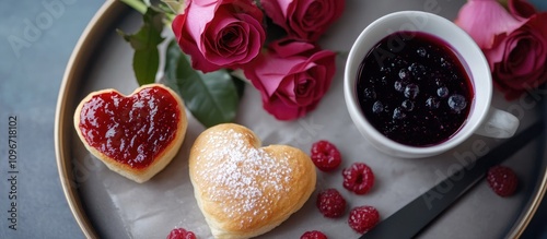 Romantic Valentine s Day breakfast with heart shaped buns coffee berry jam and fresh roses on a tray in soft light setting photo