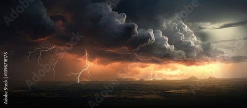 Dramatic thunderstorm clouds illuminated by lightning over a distant landscape at sunset with a moody atmospheric ambiance.