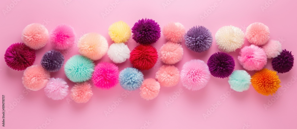 Vibrant multicolored pom poms artistically arranged on a playful pink background in a visually appealing flat lay composition Vibrant multicolored pom poms artistically arranged on a playful pink background in a visually appealing flat lay composition