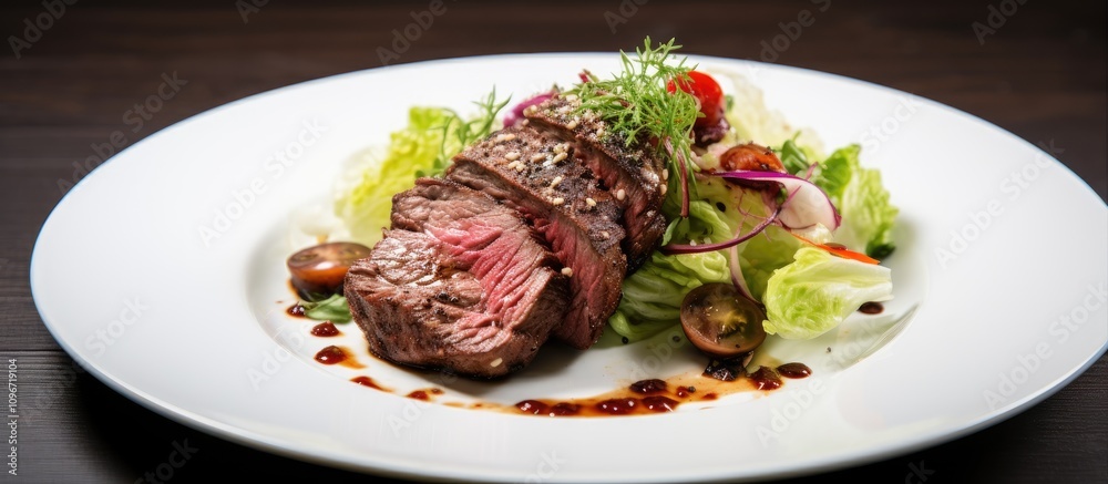 Juicy beef steak accompanied by fresh salad on a pristine white plate garnished with herbs and flavorful sauces. Juicy beef steak accompanied by fresh salad on a pristine white plate garnished with herbs and flavorful sauces.