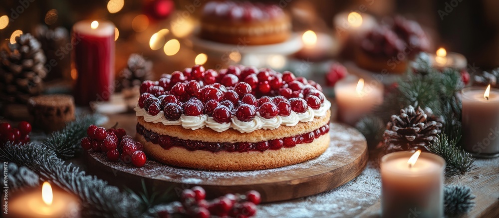 Festive Christmas Cakes with Cranberries Surrounded by Candlelight and Pine Cones on a Rustic Table Setting