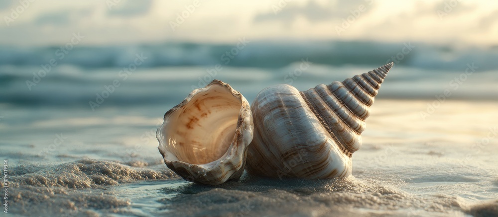 Seashell on sandy beach with gentle waves creating a serene coastal atmosphere during sunset illuminating its intricate details Seashell on sandy beach with gentle waves creating a serene coastal atmosphere during sunset illuminating its intricate details