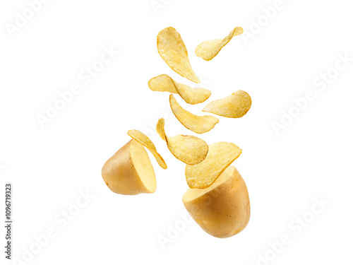 Crispy and golden potato chips with a wavy texture, isolated on a transparent background, perfect for snack and food-themed projects. photo