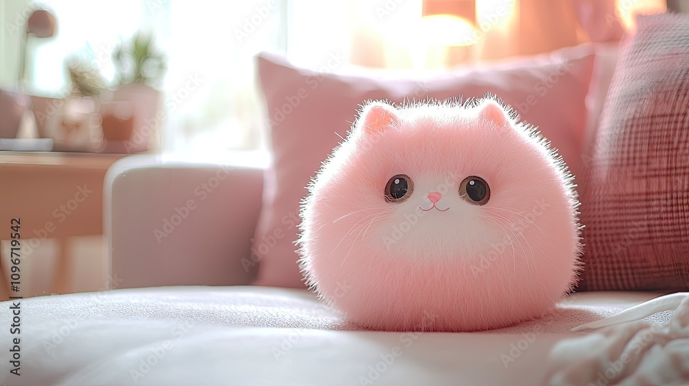 A picture pink and white round long fur cat, NFT, blindbox style. The background is a cozy room with sofa. It should have a whimsical feel to it, with soft lighting and pastel colors A picture pink and white round long fur cat, NFT, blindbox style. The background is a cozy room with sofa. It should have a whimsical feel to it, with soft lighting and pastel colors