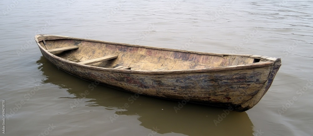 Weathered wooden boat floating calmly on a serene river surrounded by tranquil water reflections Weathered wooden boat floating calmly on a serene river surrounded by tranquil water reflections