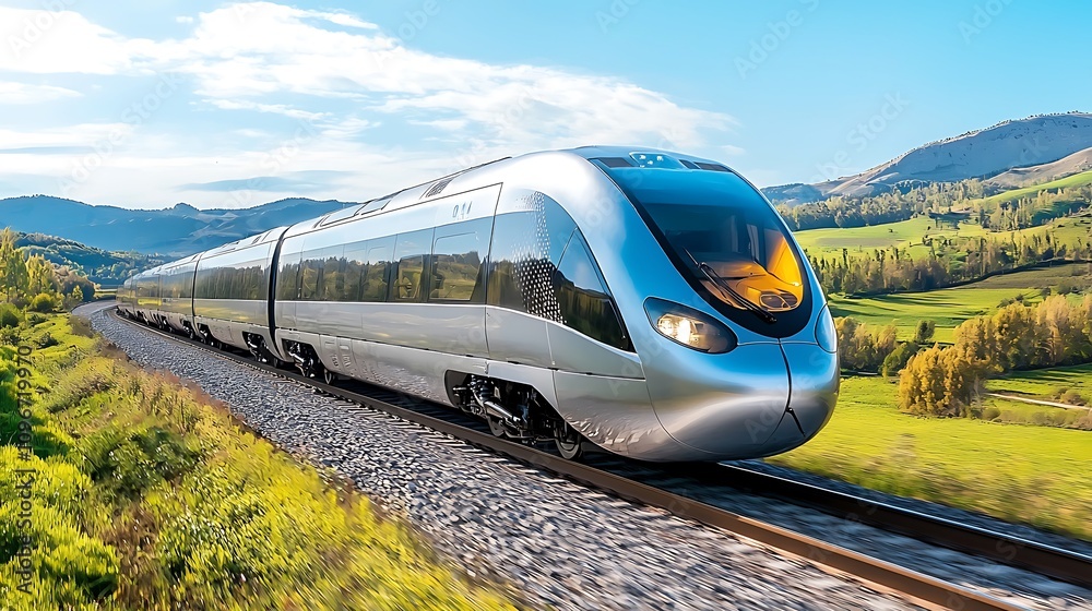 Naklejka premium A sleek, aerodynamic train with a silver exterior speeds through the countryside, its powerful engine propelling it effortlessly along the tracks.