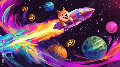 Dogecoin Rocket with Shiba Inu Pilot Soaring Through Coin Planets