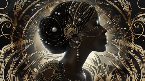 there is a woman with a gold head piece and pearls