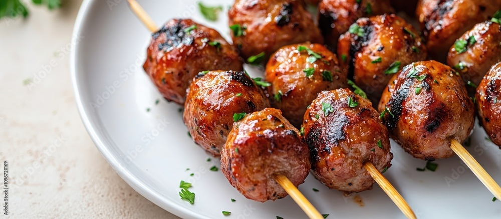 Grilled smoked sausage skewers garnished with herbs served on a white plate on a rustic wooden table Grilled smoked sausage skewers garnished with herbs served on a white plate on a rustic wooden table