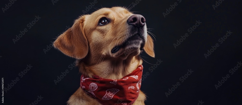 Adorable dog wearing a stylish bandana posing elegantly against a dark isolated background in a professional studio setting Adorable dog wearing a stylish bandana posing elegantly against a dark isolated background in a professional studio setting