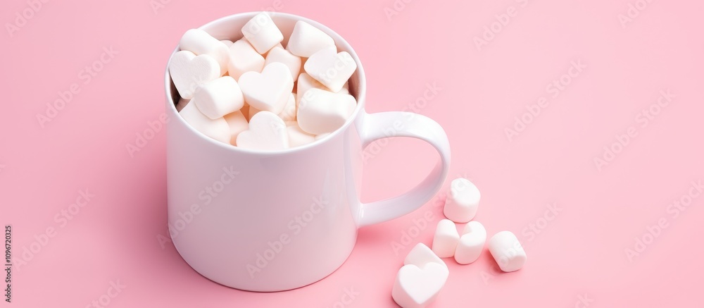 White mug filled with heart-shaped marshmallows on a soft pink background perfect for Valentine's Day or sweet surprises White mug filled with heart-shaped marshmallows on a soft pink background perfect for Valentine's Day or sweet surprises