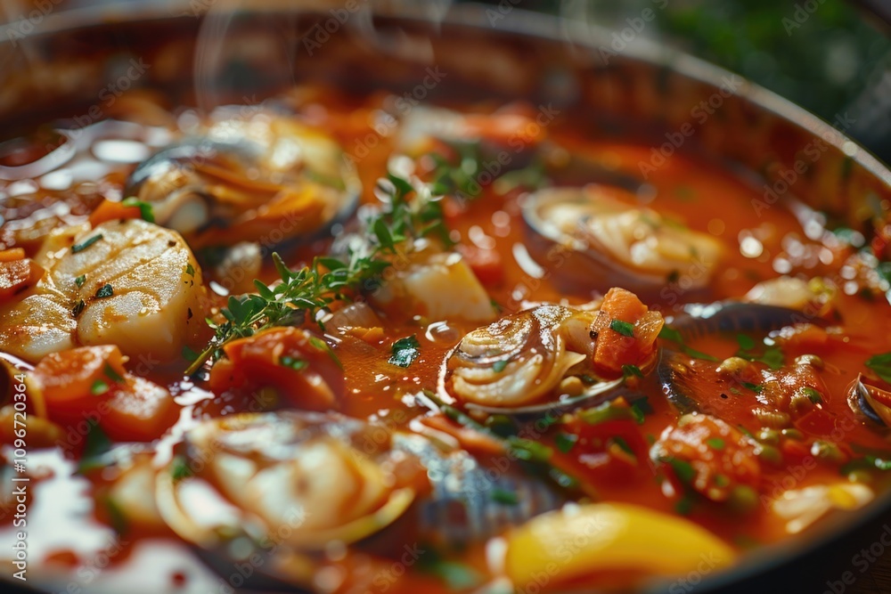A large pan filled with various foods sits on a table, ready for serving or consumption A large pan filled with various foods sits on a table, ready for serving or consumption