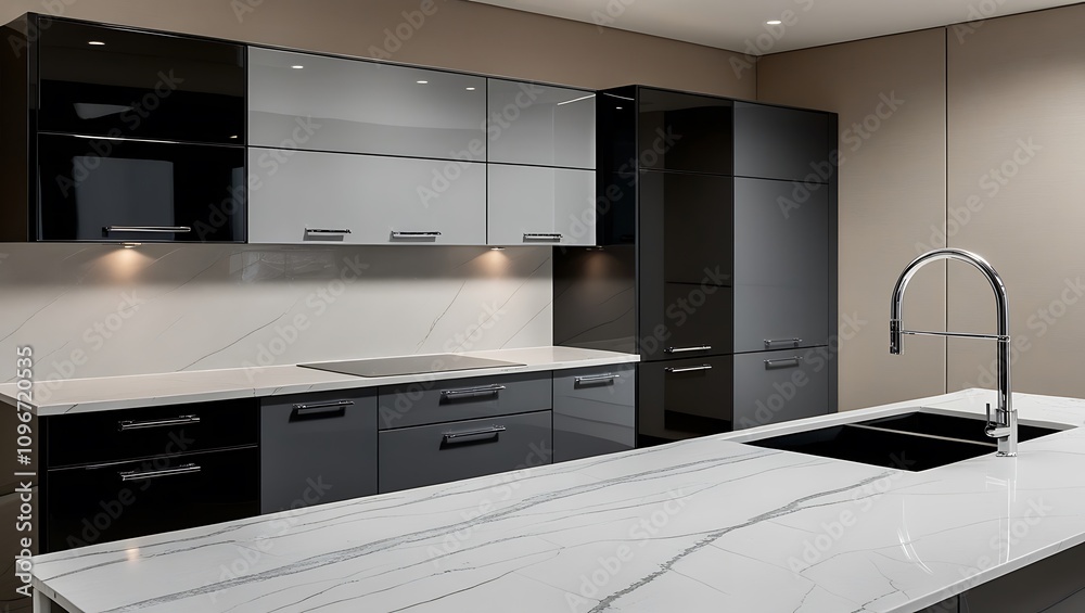 Sleek Black Kitchen Cabinets with Marble Countertops Sleek Black Kitchen Cabinets with Marble Countertops