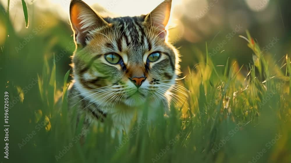 A calm cat rests in the lush grass during a beautiful sunset, enjoying the serene atmosphere A calm cat rests in the lush grass during a beautiful sunset, enjoying the serene atmosphere