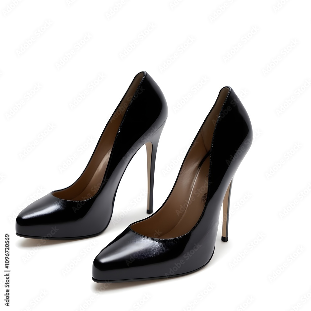 Elegant black leather high heels cutout on a white background, highlighting sleek design and premium quality. Perfect for fashion, retail, and e-commerce themes.