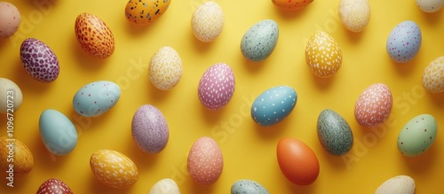 Vibrant assortment of decorated Easter eggs arranged on a sunny yellow background creating a festive spring atmosphere photo