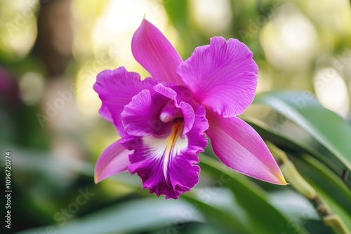 A close-up shot of a beautiful purple flower on its plant, suitable for use in gardening or botanical-themed projects