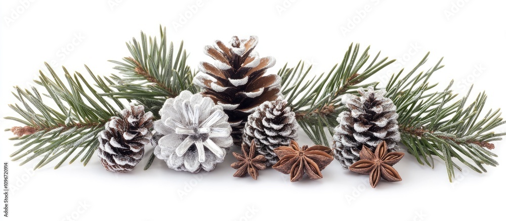 Silver pine branches with pine cones star anise and grape sugar arranged on a white background for a festive seasonal decor concept Silver pine branches with pine cones star anise and grape sugar arranged on a white background for a festive seasonal decor concept
