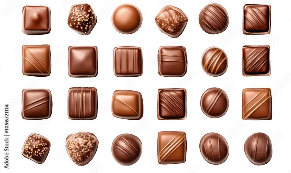 Top view, Assorted chocolates isolate on transparent background background.
