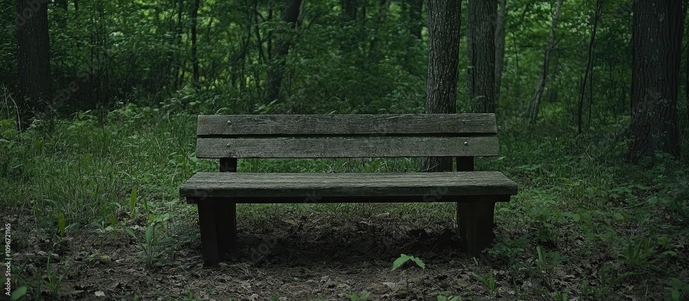 Serene wooden bench in a tranquil forest surrounded by lush greenery and nature's beauty Serene wooden bench in a tranquil forest surrounded by lush greenery and nature's beauty