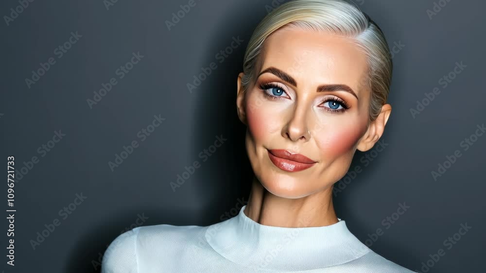 Elegant model expressing confidence and poise with subtle movements against dark background Elegant model expressing confidence and poise with subtle movements against dark background
