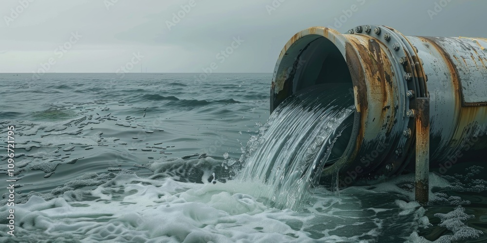 A large pipe pours water into the ocean, with waves and foam in the background A large pipe pours water into the ocean, with waves and foam in the background