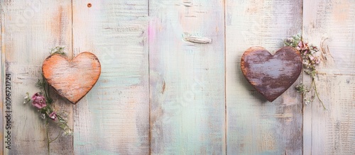 Two rustic wooden hearts with floral accents on a vintage wooden backdrop perfect for romance or wedding themes