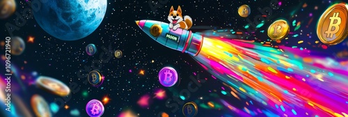 Dogecoin Rocket with Shiba Inu Pilot Soaring Through Coin Planets