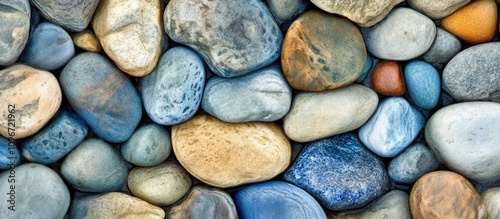 Colorful beach stones arranged on the seashore creating a natural textured background for coastal themes and design projects photo