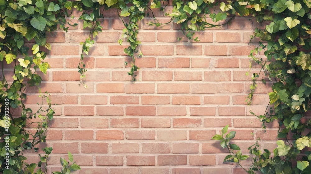 A serene view of a brick wall adorned with lush green vines, creating a perfect blend of nature and architecture, ideal for backgrounds or design projects. A serene view of a brick wall adorned with lush green vines, creating a perfect blend of nature and architecture, ideal for backgrounds or design projects.