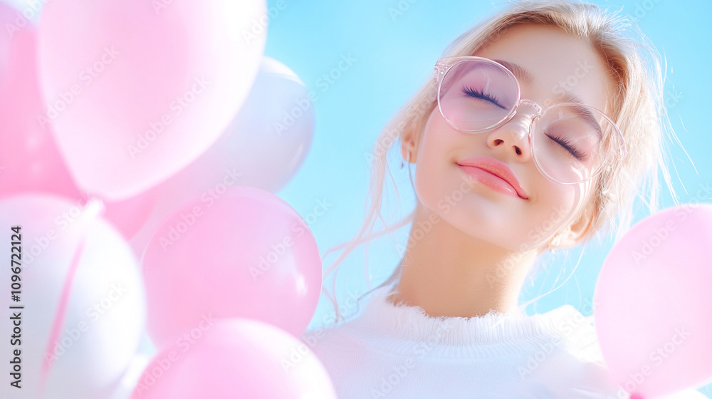 A girl with closed eyes and blonde hair on a background of balloons. The surroundings are bright and wintry. A girl with closed eyes and blonde hair on a background of balloons. The surroundings are bright and wintry.