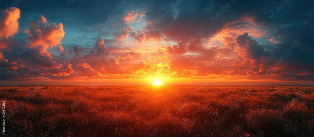 Fototapeta premium vibrant sunset over a grassy landscape with dramatic clouds and warm colors depicting the beauty of nature at dusk
