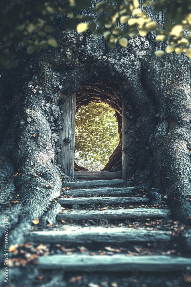 Obraz premium Roots and foliage frame the rustic entrance of a magical tree, creating a tranquil fantasy setting perfect for storytelling