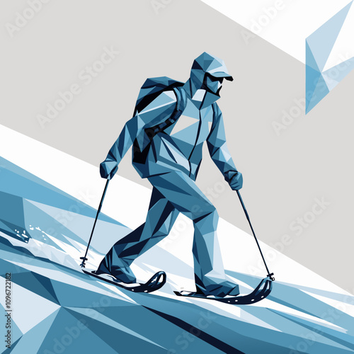 Abstract low-poly snowshoer enjoying winter hiking in a geometric style