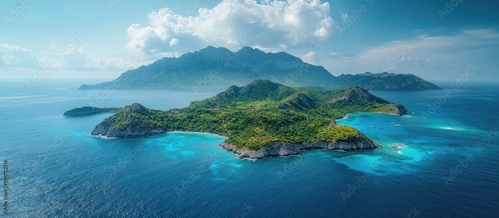 Fototapeta premium Aerial view of breathtaking tropical islands with lush greenery and crystal clear waters under a vibrant blue sky