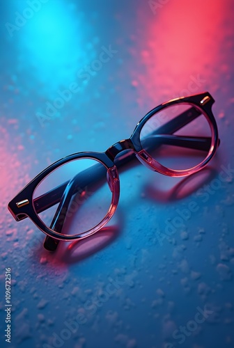 A pair of round frame eyeglasses rests on a textured surface, illuminated by vibrant blue and red lighting. The glossy finish reflects soft shadows.