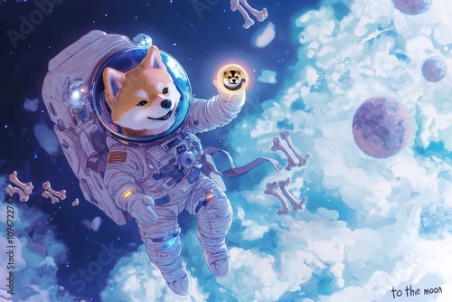 Shiba Inu Astronaut Holding Crypto Coin in Cosmic Zero Gravity. Cryptocurrency Background Ilustration.