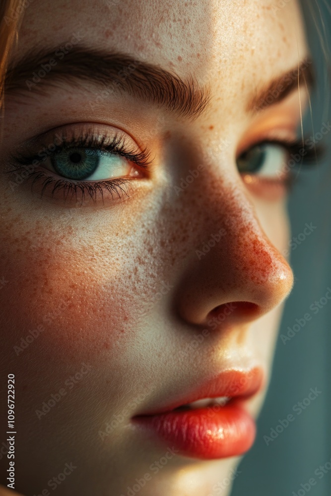 Close-up portrait of a woman with distinctive freckles on her face Close-up portrait of a woman with distinctive freckles on her face