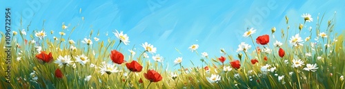 A vibrant field of red poppies and white daisies under a bright blue sky.