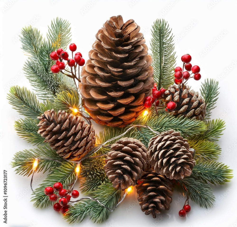 Fototapeta premium Pinecone and berry garland lit with twinkling lights for festive occasions isolated. Background, Created with Generative AI