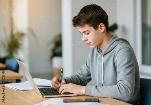 Focused Teenager Studying on Laptop