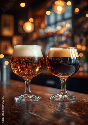 Light beer in a goblet and dark beer in a snifter, with sharp focus on the foam and a blurred inviting pub background.