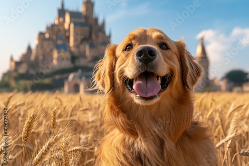 A happy golden retriever sits in a wheat field with a castle in the background.