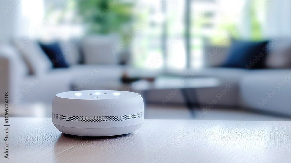 smart home device sits on wooden table in modern living room, with blurred background of sofa and cushions, creating cozy and connected atmosphere smart home device sits on wooden table in modern living room, with blurred background of sofa and cushions, creating cozy and connected atmosphere