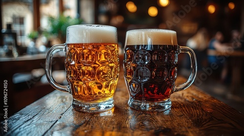 A pilsner glass of light beer and a stout glass of dark beer with rich foam, placed in sharp focus, with a blurred pub setting.