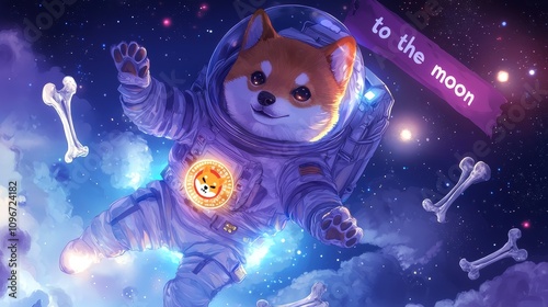 Shiba Inu Astronaut Holding Crypto Coin in Cosmic Zero Gravity. Cryptocurrency Background Ilustration.