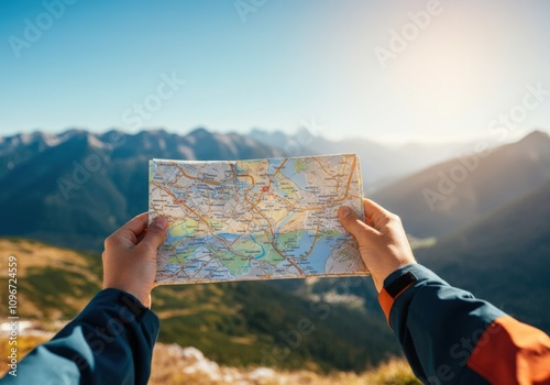 Hiker with map in mountains