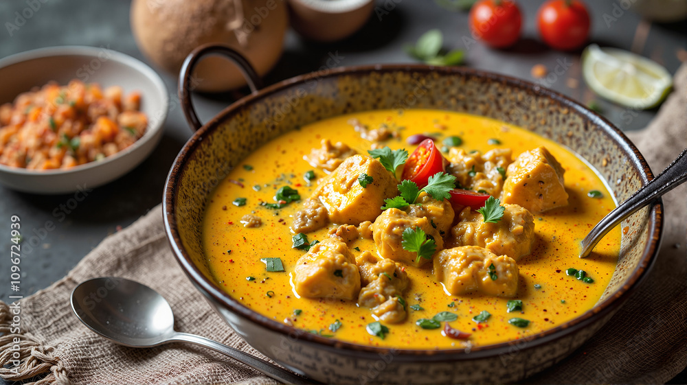 Keto curry with chicken and vegetables served in a rustic metal bowl Keto curry with chicken and vegetables served in a rustic metal bowl